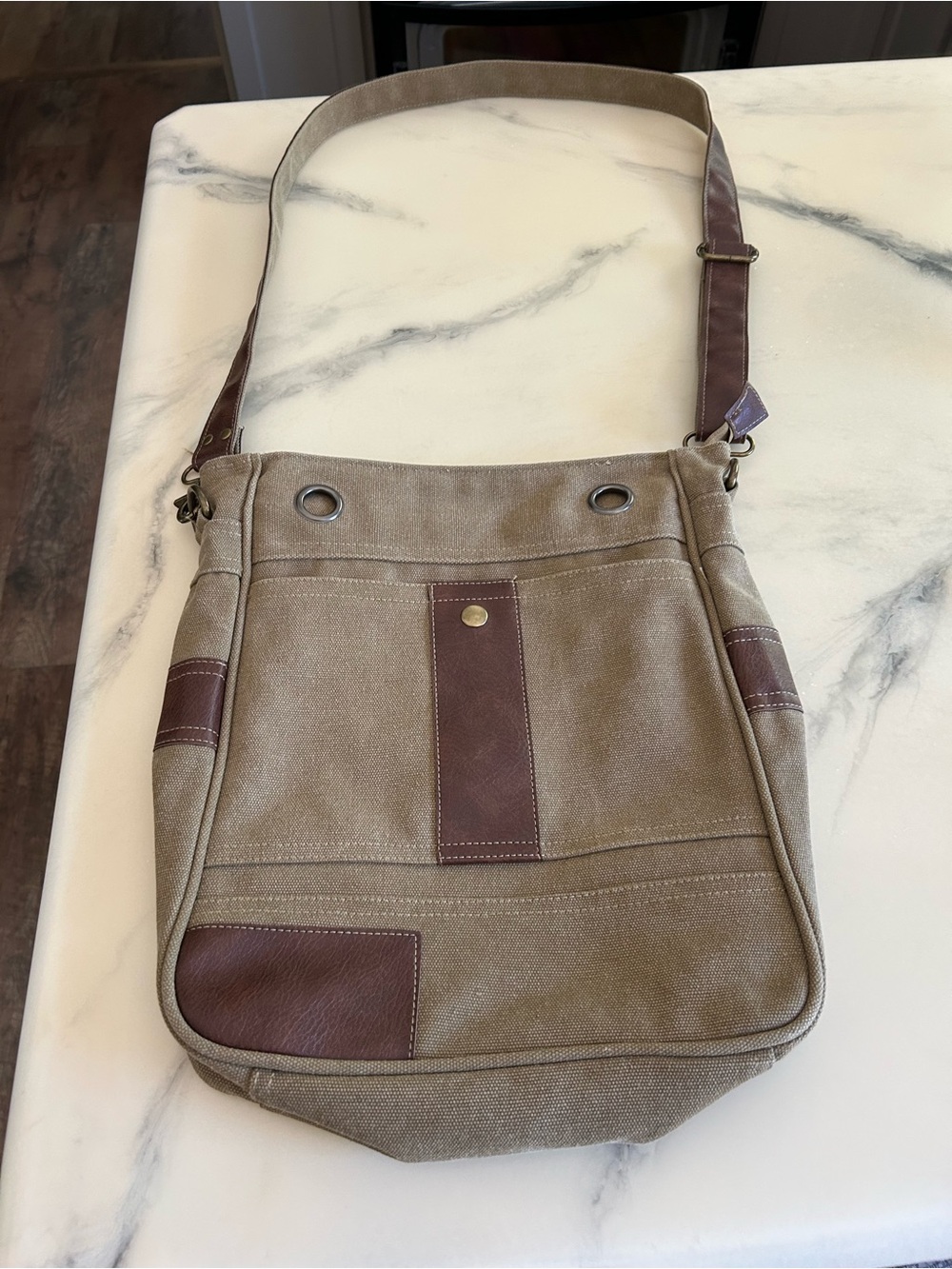 Canvas Crossbody Messenger Bag in Taupe with Brown leather Trim